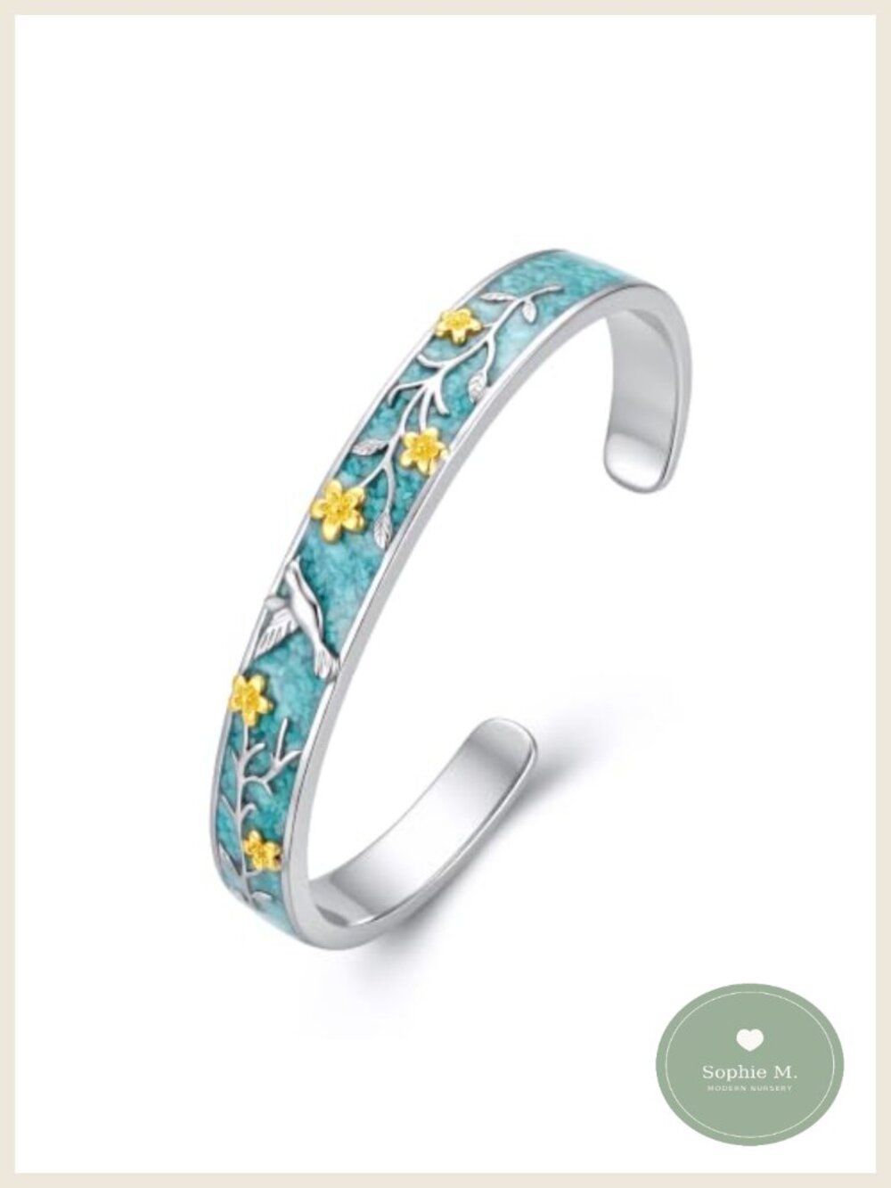 Turquoise Cuff Bracelet Silver Tone Hummingbird Gold Flowers Adjustable